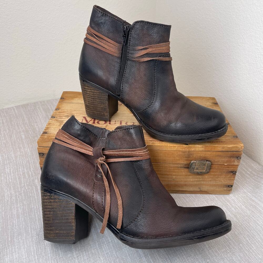 Miz Mooz Women Brown Distressed Leather Wrap Tie Ankle Boots Size 10 Preowned - Picture 2 of 12